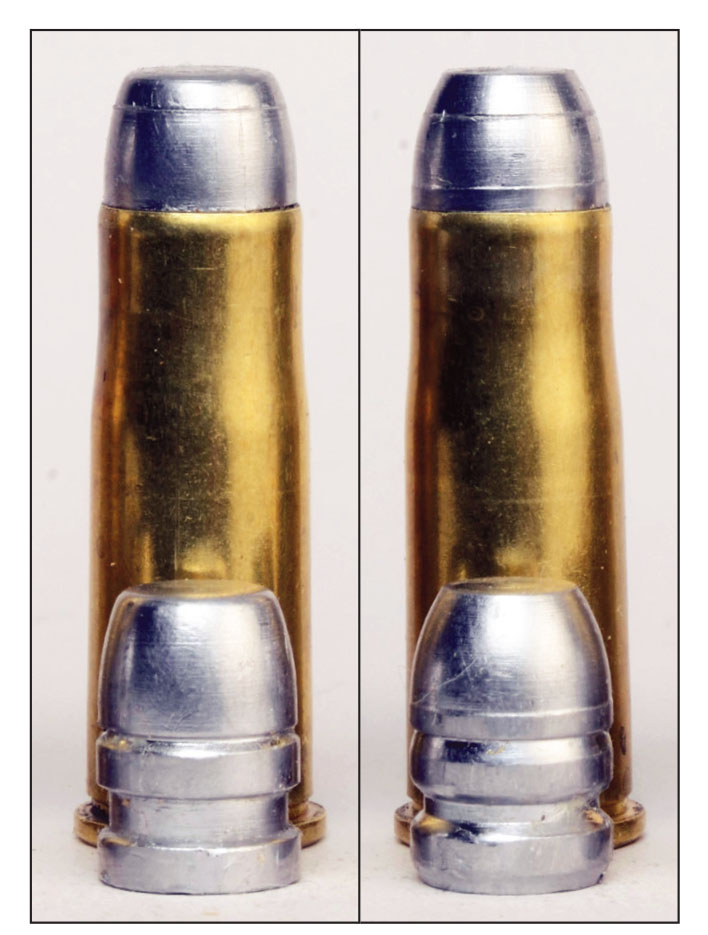 Mike’s favorite .38-40 bullets for long guns or revolvers are 180-grain RN/FPs from RCBS mould No. 40-180CM. However, when casting time is short, the commercially cast 175-grain RN/FPs (right) from Oregon Trail Bullet Company will suffice.